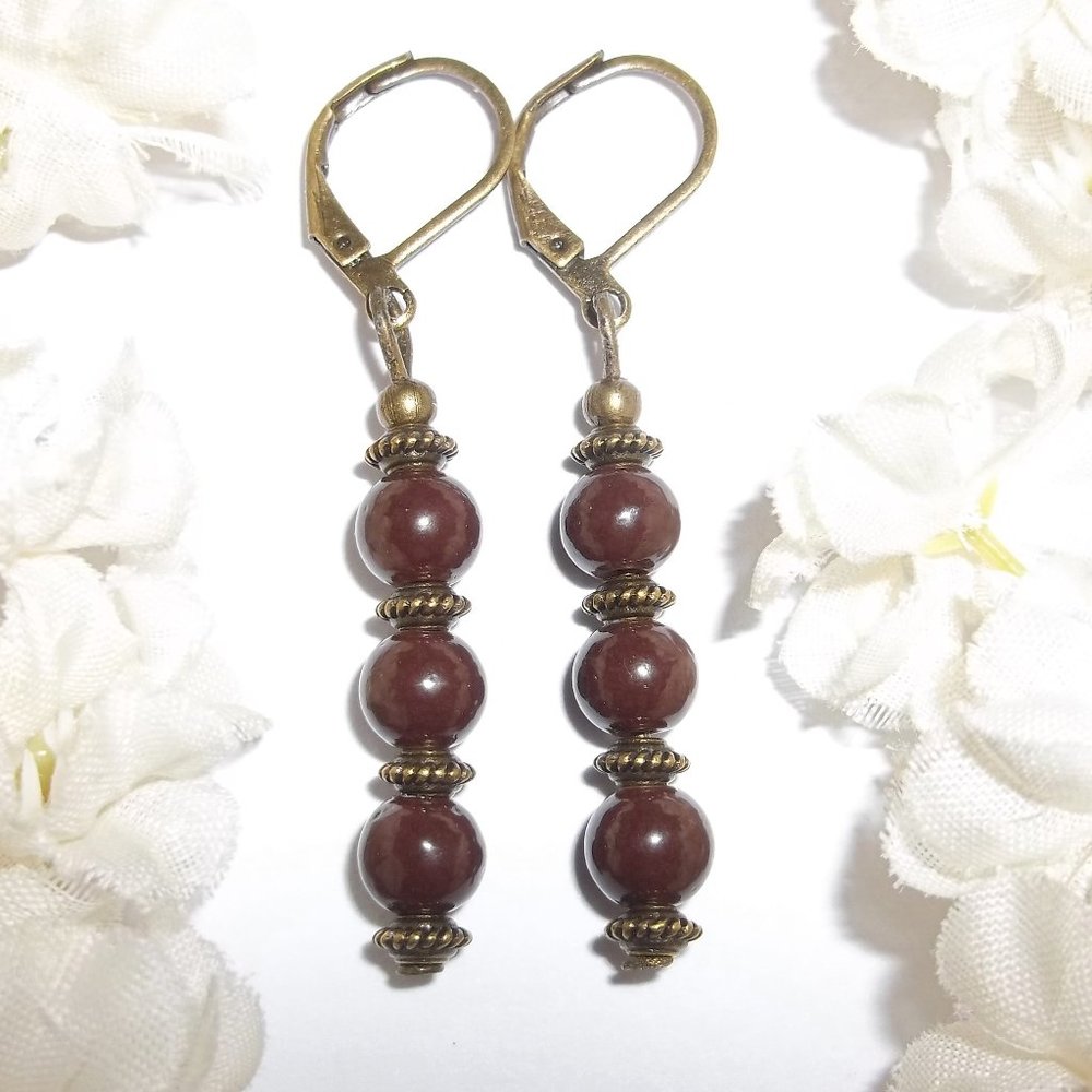 Boho Brown Bronze Beaded Earring Set Handmade 6280